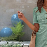 Women's Button Down Ruched Long Dress Summer Beach A-Line Swing Sundress Casual Short Sleeve V-Neck Maxi Dress