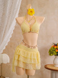Sexy White Lace Bikini Set 2026 Women Beach Starfish Push Up Bra Swimsuit Holiday Bathing Suit Pleate Cover Up 3 Piece Swimwear
