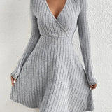 New for autumn/Winter Women Knit Slim Sexy Bodycon Dress V-Neck Long Sleeve Dress Solid Casual Midi Sweater Dress
