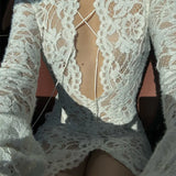 Woman Dress Clothing V-neck White Lace Dress 2025 Vestidos Para Mujer Fall Lace-up High Slit Slim Long  Evening Party Dresses