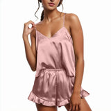 Women's Sexy Silk Satin Ruffled Pajamas Sets Shorts Sets Sleepwear Elegant Nightwear Solid Camis High Waist Vintage Summer