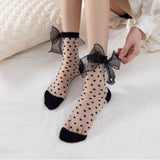 Womens Mesh Sheer Socks Breathable Decorative Bow Dots Design Casual Mid Calf Socks for Summer