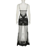 FDYOUI Sexy Lace Patchwork Mesh Long Dress Women Spaghetti Strap See-through Evening Party Dresses White Black Night Club Outfit