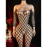Cutout Perspective Long Sleeve Big Mesh Bodysuit, Women Black Sexy Underwear Bold Sexy Clothing Crotchless Unobstructed Jumpsuit