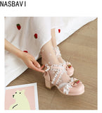 Cross Strap Women High Heels Mary Jane Pumps Wedding Party White Pink Lace Princess Lolita Single Sandals Shoes Large Size 31-48