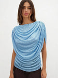 FDYOUI Women's Summer Polka Dot Print Shawl Tops High Street Ladies Fashion Sexy Folds Slim T-shirt Holiday Party Tee Shirts