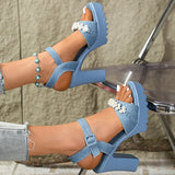 Stylish Pearl Decor Denim Sandals Women Summer Plus Size Buckle Platform Sandal Woman Office Ladies Open Toe Sandalias Mujer