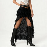 Summer Women Flower Lace Long Skirt Elastic High Waist Layered Ruffle Irregular Skirt Streetwear