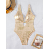 Sexy Golden Deep V Neck High Cut Leg Backless One Piece Swimsuit Women Swimwear Female Monokini Bather Bathing Suit Swim V6690