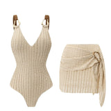 Vintage Beige Ribbed Swimwear Skirt Set Women Metal Buckle Strap V Neck Hollow Out Backless Bathing Suit One Piece Swimsuit 2026