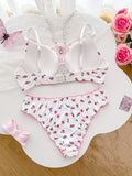 Sweet Floral Print Women Lingerie Set Bow Ruffle Trim Underwire Bra Comfy ladies Panties Daily Bra Set