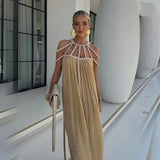 Summer Sleeveless Party Dress, Women Loungewear O-Neck Hollow Out Party Dress, Solid Color Patchwork Beach Style Ladies Dress
