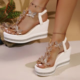 Rhinestone Butterfly Decor Chunky Platform Sandals Women Fashion Slip On Wedges Sandles Woman Lightweight Elastic Band Sandals
