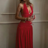 FDYOUI Sexy Halter Neck Backless Wedding Party Dress Women 2026 Summer Hollow Out Lace-up Long Maxi Evening Dresses Red Gowns