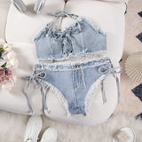 DEKA Women's Bandage Denim Bikini Set Summer New Jeans Shorts Swimwear Bra Beach Play and Bar Nightclub Swimsuit