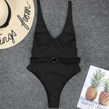 V Neck Ribbed High Cut Women Swimwear One Piece Swimsuit Female Backless Monokini with Waist Belt Bathing Suit Swim Beachwear
