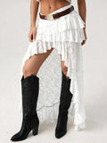 Summer Women Flower Lace Long Skirt Elastic High Waist Layered Ruffle Irregular Skirt Streetwear