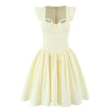 Floral Embroidery Cotton Summer Women's Dress Sleeveless Buttons Decor Short Mini Dress Elegant Yellow A-line New in Dress 2025