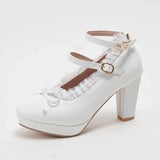 Women's Sweet Cute Lace Bow Lolita Platform High Heels, White Pumps Wedding Party Dress Shoes, Big Sizes 33-48