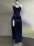 Sexy Hot Girls Slim Spaghetti Strap Long Dresses Women Solid Color Backless Package Hip Bodycon Slit Dress Party Club Vestidos