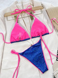 2026 Sexy Bikini Women Blue Shiny Fabric Triangle Halter Swimwear Swimsuit Bikinis Set Bathing Suit Beach Bikini Female Biquinis