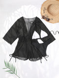 Sexy Long Sleeves Cover Up Bikini Set Women White Black Push Up Mesh Dress 3 Piece Swimsuit Bathing Suit Thong Swimwear 2026
