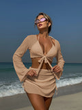 Summer 4 Piece Bikini Set 2025 Women Sexy Black Long Sleeve Cover Up and Skirt Swimsuit Beach Bathing Suit Holiday Swimwear