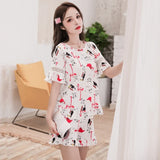 Casual Flamingo Print Pajama Set For Women Short-Sleeve Round Neck Top And Shorts Trendy Sleepwear Nightwear Can Be Worn Outside