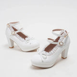 Women's Sweet Cute Lace Bow Lolita Platform High Heels, White Pumps Wedding Party Dress Shoes, Big Sizes 33-48