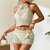 3D Flowers Halter Crochet Knitted 2 Pieces Suits Beach Cover Up Cover-ups Beach Shorts Beach Wear Beachwear Female Women K6598