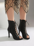 Plus Size Women Peep Toe Cutout Lace Up Ankle Boots with Side Zipper Stiletto High Heels Summer Hollow Out Short Booties