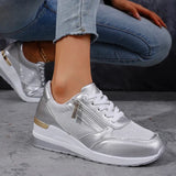 Fashion Thick Bottom Silver Sneakers Women 2025 Spring Wedge Heel Vulcanized Shoes Woman Comfortable Lace Up Sport Sneaker Mujer