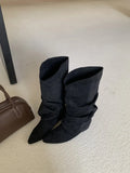 2026 New Winter Vintage Pleated Women Mordern High Boots Designer Slip on Pointed Toe Internal Elevation Shoes Botas De Mujer