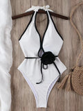 3D Flower Belt V Neck Splicing Halter Slim Women Swimwear One Piece Swimsuit Female Backless Monokini Bather Bathing Suit Swim