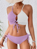 2026 Drawstring Triangle Bikini Women Sexy Color Block Swimwear Female Strappy Swimsuit Bathers Bathing Swimming Swim Suit