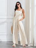 Women Fashion Jumpsuits Sleeveless Buttons Suspender Wide Leg Pant Overalls with Pockets Casual Loose Romper Streetwear