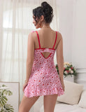 Pink Heart Print Mesh Nightdress for Women Lace Trim See Through Push Up Underwire Chemise with Panties Plus Size M-3XL