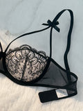 New 2-piece Women's Fashion Black Bra & Brief Sets Intimates Women's Comfortable Lightweight Bow Semi Transparent Lingerie Set