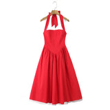 French Style Backless Cross-strap Halter Neck Dress For Women With Hard Mesh Panels Waist-cinching Pleated Large Hem Casual FYR0