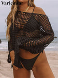 Long Sleeve Hollow Out Top Crochet Knitted Tunic Beach Cover Up Cover-ups Beach Dress Beach Wear Beachwear Female Women V4250