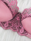 Pink satin lace lingerie set - gathered half-cup bra thong panties - date-oriented sensual women's lingerie ZA825289