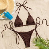 Sexy Coffee Wrinkled String Halter Bikinis Sets Two Pieces Tie Thong Swimsuit Bathing Suit Swimwear Biquini Bakini Tankini
