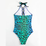 Leopard Print One Piece Swimwear Women 2026 Blue Green Gradient Bikini Sexy Cross Bandage Hollow Out Monokini Backless Beachwear