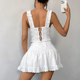 Sexy Solid Color Tank Top Women Lace Ruffles Strap Front Tie Underwire Slim Fit Fishbone Camisole Streetwear Party Club Tops