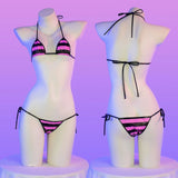 PU Leather Micro Bikini Set Women Swimsuit Japanese Kawaii Stripes Bra Set Sexy Lingerie Underwear Summer Swimwear Costume