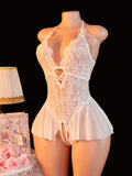 Adult Erotic Bodysuit Lace Hanging Collar Deep V-neck Semi Transparent Women Sexy Lingerie Crotchless Hot Underwear