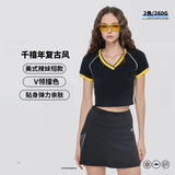 Hot girl top V-neck exposed navel contrasting color splicing clothes women's street short-sleeved T-shirt