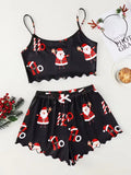 Women Sleepwear Christmas Santa Print Crew Neck Sleeveless with Spaghetti Strap Top and Shorts Pajama Set Loungewear