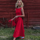 Chic Elegant O-neck Sleeveless Backless A-line Long Dresses Red Black 2026 Summer High Waist Tunics Zip-up Party Evening Dress