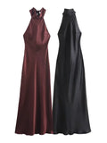 Foridol Halter Satin Dress Women Sexy Backless Burgundy summer spring Dress Elegant Maxi Long Party Dress Christmas Vestidos